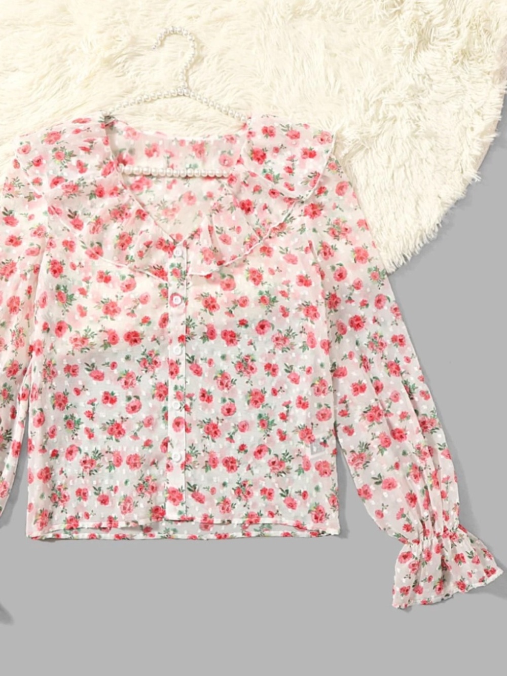 Victorian Ditsy Floral Ruffle Blouse NEW M Sheer White Red Pink Cottagecore Top